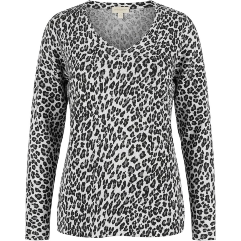 Liz Claiborne Sweater Women Large Gray Leopard Print V-Neck Cotton Knit Y2K Chic